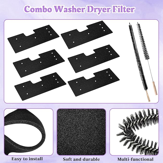 WH01X35719 Lint Filter Compatible with Ge Profile Washer Dryer Combo Foam Filter for PFQ97HSPV0DS Combo Washer Dryer Filter with Lint Brush (1 Long Handled Brush & 1 Full Bristle Brush)- 6 Pack
