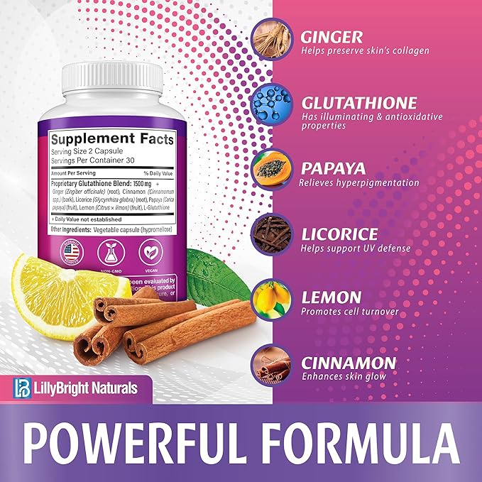 Glutathione Capsules - 1,500mcg L-Glutathione Supplement with Vitamin C - Skin Tone Enhancer - Targets Dark Spots & Acne Marks - Potent Antioxidant - 60 Skin Pills