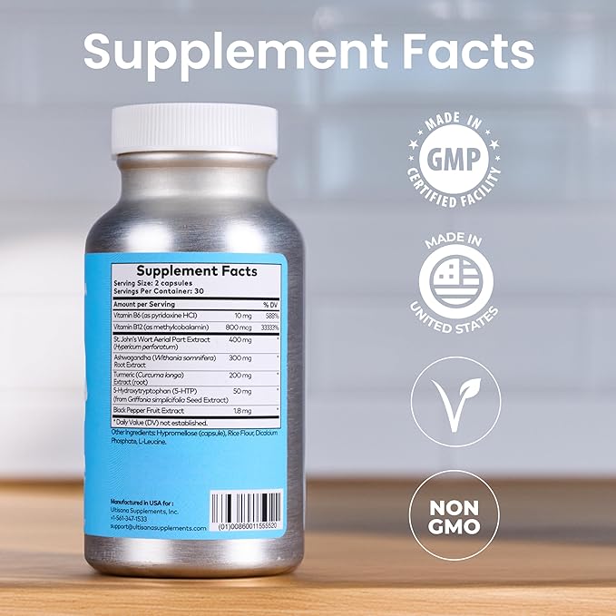 Stamina Antioxidant & Stress Relief Supplement | for Enhanced Mood, Boost Energy, Immune & Sleep Support | Vitamin B12 & B6, Ashwagandha, Turmeric, 5-HTP & More | Non-GMO, 60 Capsules