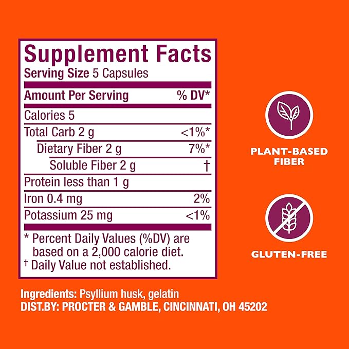 Metamucil, Fiber Capsules, 3-in-1 Psyllium Husk Fiber, 300 Capsules, Daily Fiber Supplement, Help support digestive health*, heart health by lowering cholesterol†, and healthy blood sugar levels*.