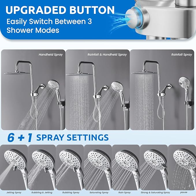 8" Dual Shower Head Combo, High Pressure Rainfall Shower Head with Handheld, 6 Spray Settings Angle Adjustable Handheld Shower Head with Pause, Height Adjustable, Chrome Silver