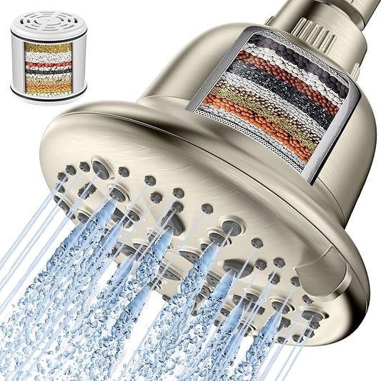 Cobbe Filtered Shower Head, 7 Modes High Pressure Shower Heads - 16 Stage Shower Head Filter for Hard Water for Remove Chlorine and Harmful Substances (Elegant Brushed Nickel, 5 Inch Round)
