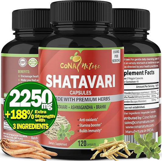 Organic Shatavari Powder Capsules 2250MG with Ashwagandha, Brahmi Extract | Support Women Health, 120 Vegan Capsules