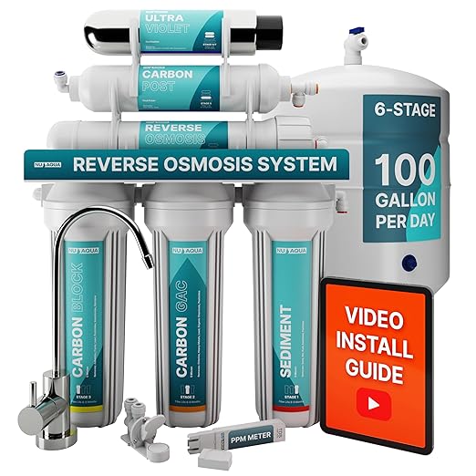 NU Aqua 6-Stage UV Under Sink Reverse Osmosis Water Filter System - 100 GPD RO Filtration & UV - Faucet & Tank - PPM Meter - 100GPD Undersink - Home Kitchen Pure Agua Drinking Water Purifier