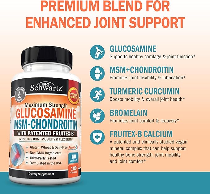 Glucosamine Chondroitin MSM Joint Support Supplement - Collagen Peptides, Turmeric and Ginger, Hyaluronic Acid, Glucosamine Chondroitin Sulfate for Joint Comfort - Gluten Free, Non GMO, 180 Capsules