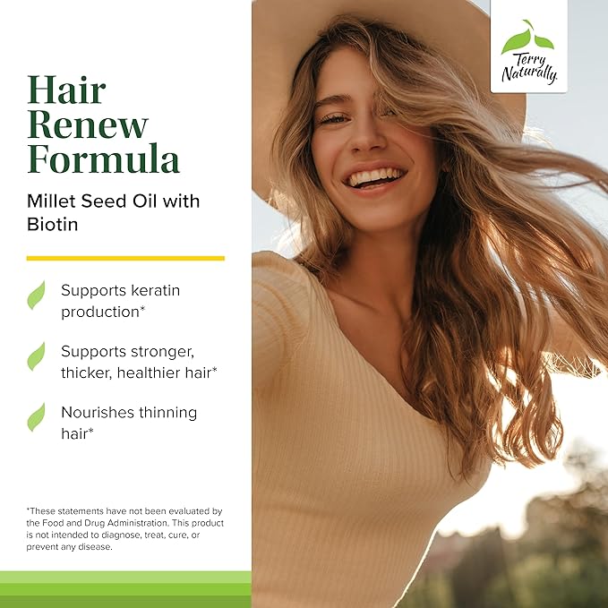 Terry Naturally Hair Renew Formula (2 Pack) - 60 Softgels - Supports Healthy Hair Growth, Nourishes Thinning Hair, Contains Millet Seed Oil, Horsetail, Biotin & Folic Acid - Gluten-Free - 60 Servings