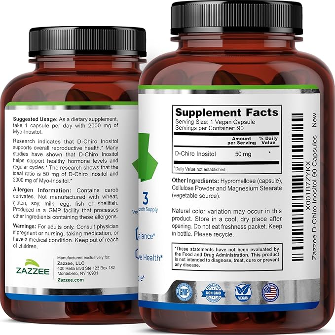 Zazzee D-Chiro-Inositol, 50 mg per Capsule, 90 Vegan Capsules, Ideal Dosage for 40:1 Ratio with Myo-Inositol, 3 Month Supply, 100% Vegetarian, Non-GMO
