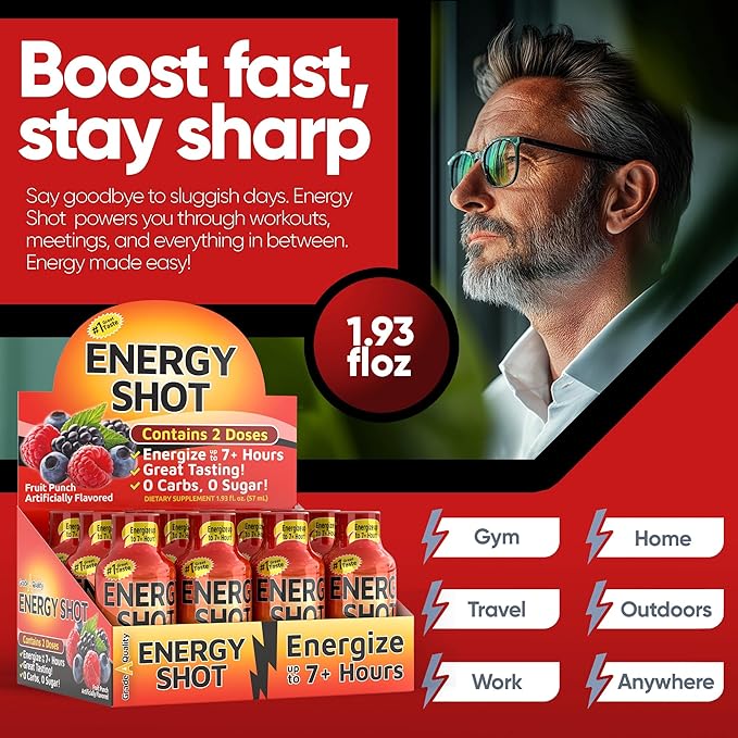 Energy Shot – 2 Servings – 100% DV B-Vitamins & 130mg Plant-Based Caffeine – Zero Calories, Sugar-Free, Vegan, Non-GMO – Energy & Productivity Support (1.93 Fl Oz (Pack of 48), Fruit Punch)