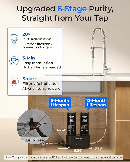Waterdrop DLA Under Sink Water Filter, No Drilling Required, Reduces Chlorine, PFOA/PFOS, Bad Taste/Odor, Under Sink Water Filtration System, 11000 Gallons, Smart Filter Life Indicator, Quick Change