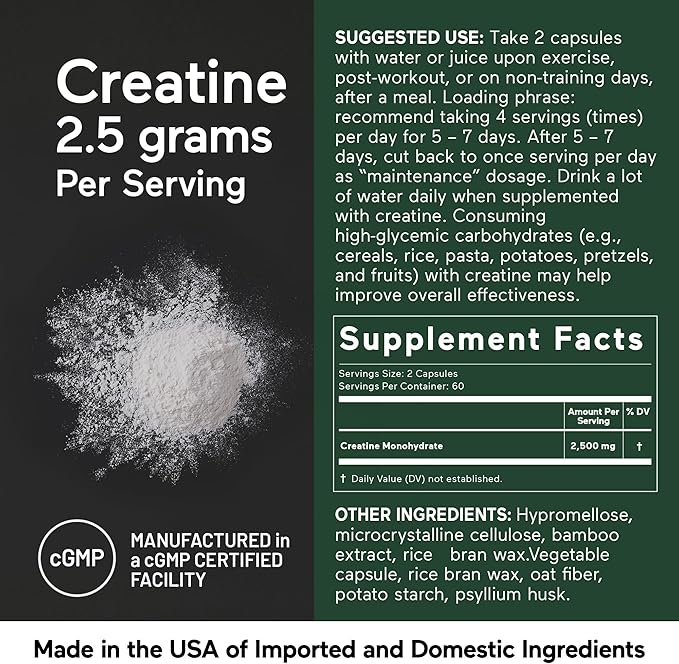 SMARTERNUTRITION Creatine Monohydrate Pills with 2500mg (2.5g) Per Serving, Vegan Capsules - Pre & Post Workout Recovery Support, Promotes Muscle Mass &. Endurance - 120 Count[60-Day Supply]