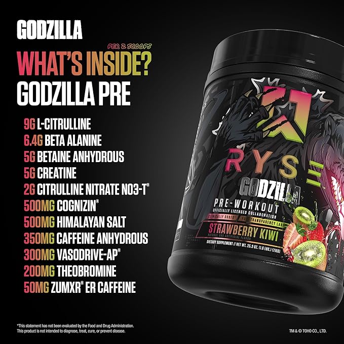 RYSE Godzilla X Noel Deyzel Pre Workout Powder - Strawberry Kiwi - 400mg Caffeine, High Stim Pre-Workout for Men & Women with Citrulline & Beta Alanine - Energy, Pump & Focus - 20/40 Servings