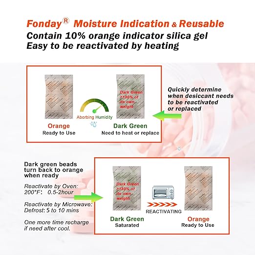 20Gram 15 Packets Fonday Rechargeable Silica Gel Desiccant Packets Food Grade Fast Reactivate Desiccant Bags Moisture Indicating Orange to Green