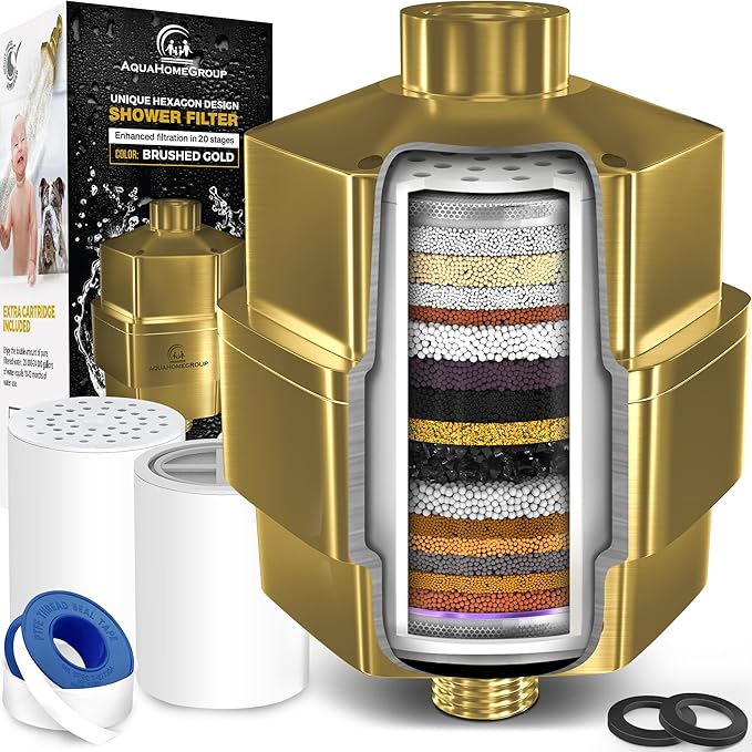 AquaHomeGroup 20 Stage Shower Filter for Hard Water - High Output Universal Shower Head Filter for Chlorine, Fluoride, Heavy Metals - Vitamin C E Shower Water Filter for Hair and Skin (Golden)