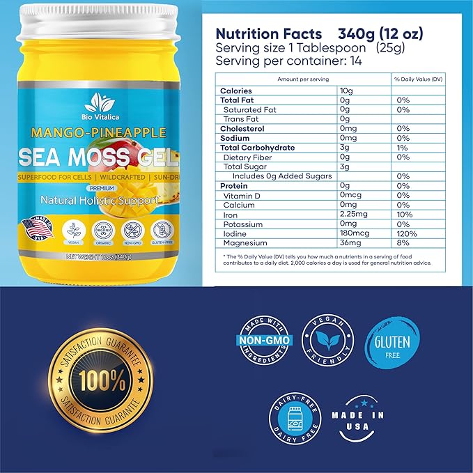 Sea Moss Gel by BioVitalica - Irish sea Moss raw Organic - Premium Quality - Dr Sebi, Vegan superfood for Cells - 100% Natural Seamoss Gel - (Pack of 1, Mango-Pineapple)