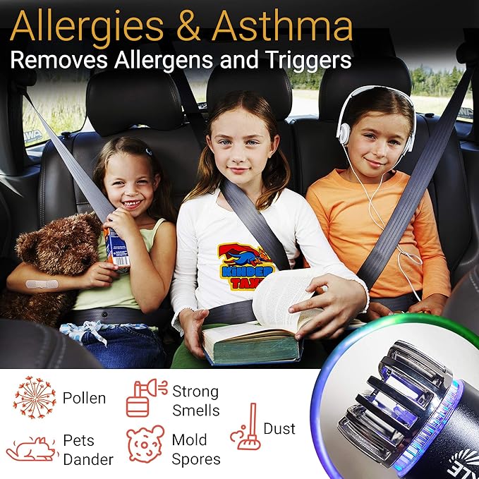 Car Air Purifier Ionizer - 12V Plug-in Ionic Anti-Microbial Car Deodorizer with Dual USB Charger - Smoke Smell, Pet and Food Odors, Allergens, Viruses Eliminator for Car (Matte Black)