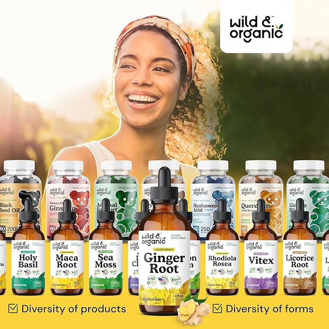 Wild & Organic Ginger Root Extract Drops - Immune & Digestive Support - Liquid Ginger Supplements - Vegan, Sugar & Alcohol-Free Tincture - 4 fl oz