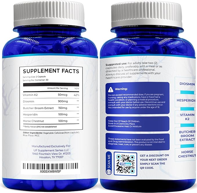 We Like Vitamins Vein Vitality 1250mg Diosmin Hesperidin Complex for Varicose Veins Treatment, Horse Chestnut, Butchers Broom, Bioflavonoids - Supports Blood Circulation for Leg Veins- 60 Capsules