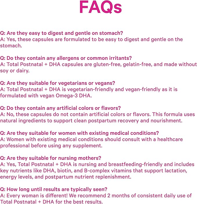 Pink Stork Total Postnatal Vitamins for Women with Vegan DHA, Iron, Folate, and Vitamin B12, Postpartum Recovery Essentials, Daily Supplement for Breastfeeding Moms - 3 Month Supply