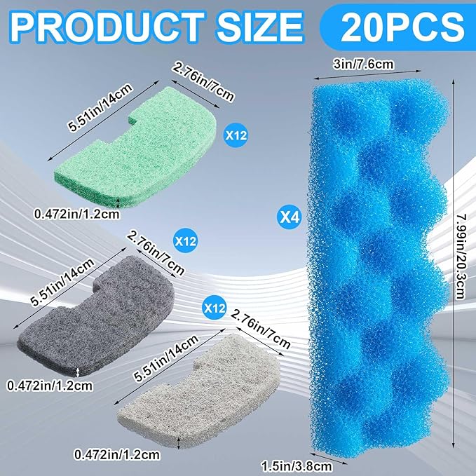 20 Pcs Aquarium Filters Replacement Filter Media Kits Compatible with Fluval 206/207, Including 2 Biological Foams, 6 Ammonia / 6 Phosphate / 6 Nitrite Remover