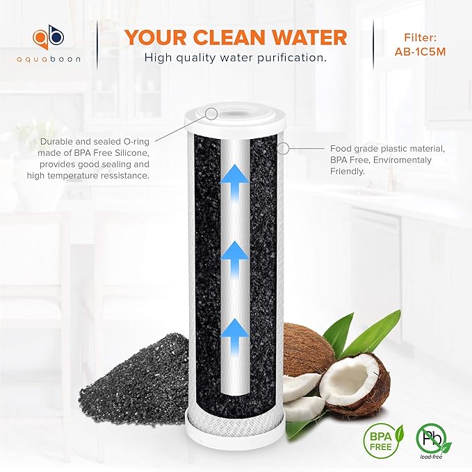 Aquaboon 5 Micron 10 x 2.5 Carbon Block Water Filter Cartridge CTO Whole House Water Filter Replacement Compatible with WHKF-WHWC, FXWTC, 25-PACK