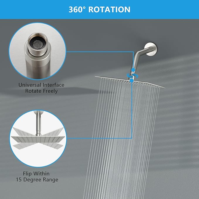 Lordear Rain Shower Head 6 Inch Solid Ultra Thin 304 Stainless Steel Adjustable Square Rainfall Shower Head Waterfall Full Body Coverage with Silicone Nozzle 6” Waterfall Showerhead,Brushed Nickel