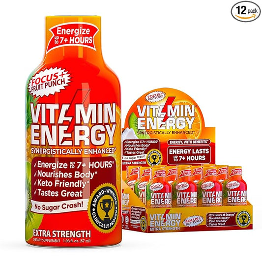 Vitamin Energy Focus+ Extra Strength Energy Shot Fruit Punch 12 Pack, 260mg Natural Caffeine, B-Vitamins, CoQ10, Amino Acids, Focus, Productivity & Clarity, Zero Sugar, Gluten-Free, 1.93 fl oz