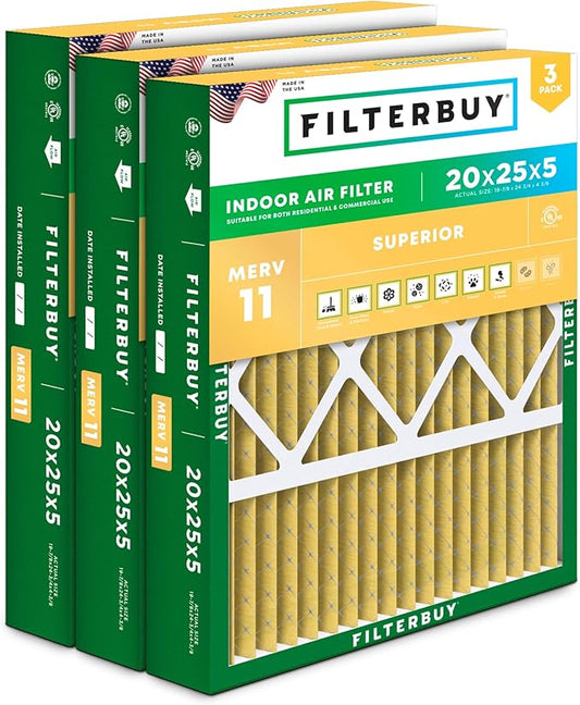 Filterbuy 20x25x5 Air Filter MERV 11 (MPR 1200) Allergen Defense (3-Pack), Pleated HVAC AC Furnace Filters for Honeywell FC100A1037, Lennox X6673, Carrier, & More (Actual Size: 19.88 x 24.75 x 4.38)