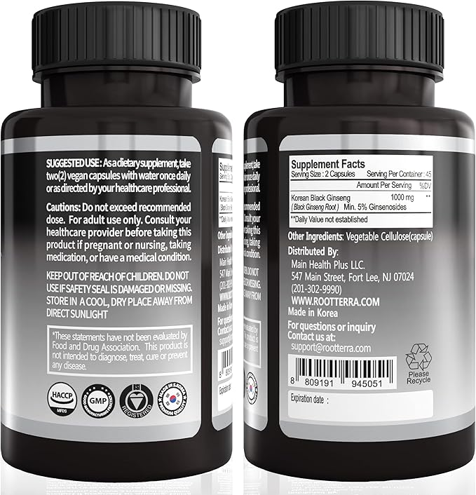 Korean Black Panax Ginseng Capsule 1000mg - 90 Vegan Capsules Non GMO, High Ginsenosides, High Absorption Rate, Enhance Immunity, Mental Performance, Stamina & Energy, Men & Women