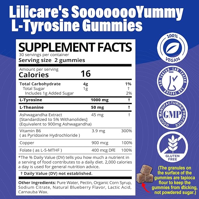 L-Tyrosine Gummies 1100mg with Ashwagandha for Men & Women, L Tyrosine Supplement and L-Theanine Calm & Focus Gummies Plus Vitamin B6, Folate, Copper for Brain, Mood, Energy - Vegan, Gluten-Free