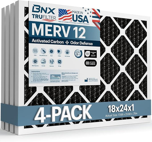 BNX TruFilter 18x24x1 MERV 12 Odor Defense (4-Pack) AC Furnace Air Filter with Activated Carbon - MADE IN USA - Pleated Air Conditioner HVAC AC Furnace Filters - Removes Odor, Mold, Bacteria, Smoke