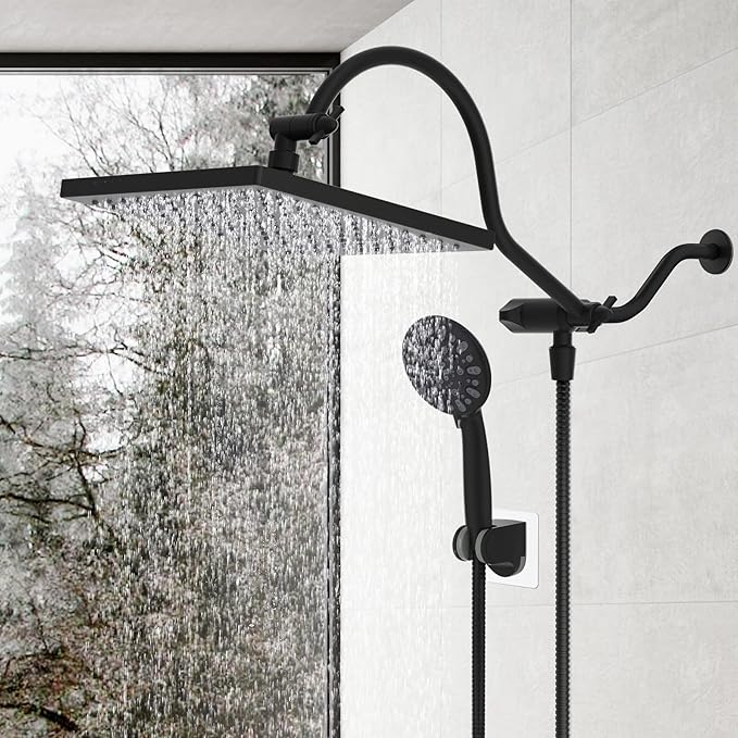 Hibbent 10 Inch High Pressure Rainfall Shower Head/Handheld Showerhead Combo with 12 Inch Adjustable Curved Shower Extension Arm,7-Spray,71-inch Hose Adhesive Showerhead Holder,Matte Black
