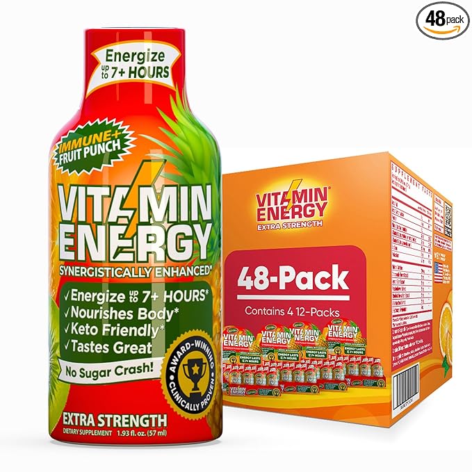 Vitamin Energy Immune+ Extra Strength Energy Shot Fruit Punch 48 Pack, 260mg Natural Caffeine, B-Vitamins, Citicoline, Green Tea, Immunity & Focus Support, Zero Sugar, Gluten-Free 1.93 fl oz