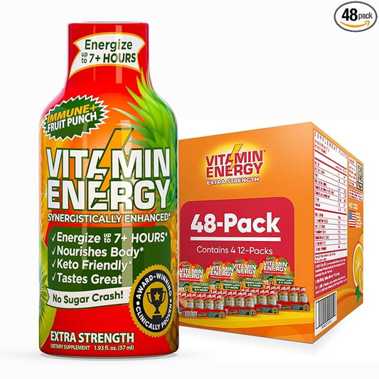 Vitamin Energy Immune+ Extra Strength Energy Shot Fruit Punch 48 Pack, 260mg Natural Caffeine, B-Vitamins, Citicoline, Green Tea, Immunity & Focus Support, Zero Sugar, Gluten-Free 1.93 fl oz