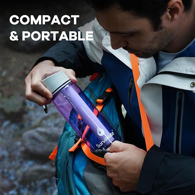 Survimate 5-Stage 0.01μm Ultra-Filtration Filtered Water Bottle, BPA-Free Material, NSF/ANSI 42&372 Certified, Portable Water Filter Bottle for Survival, Camping, Hiking, and Emergency Use