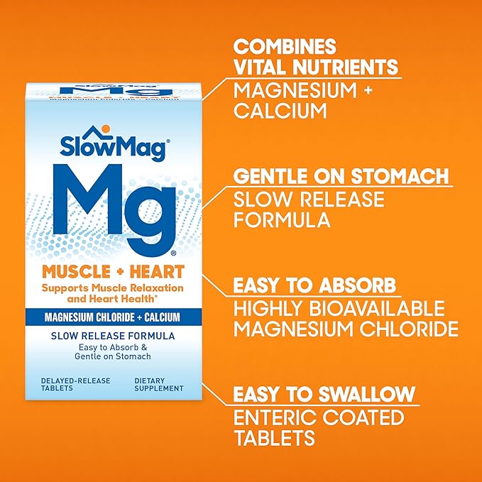 SlowMag Muscle & Heart Magnesium Chloride Supplement with Calcium, 60 Count, Supports Muscle Relaxation, Heart, Nerve & Bone Health, High Absorption