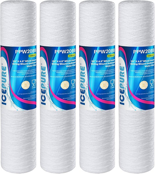 ICEPURE 5 Micron 4.5" x 20" Whole House String Wound Sediment Water Filter Cartridge for Well Water, Replacement for WP5BB20P/WP25BB20P, SDC-45-2005, SP-WP5-20BB, SWC-45-2005, 4PACK
