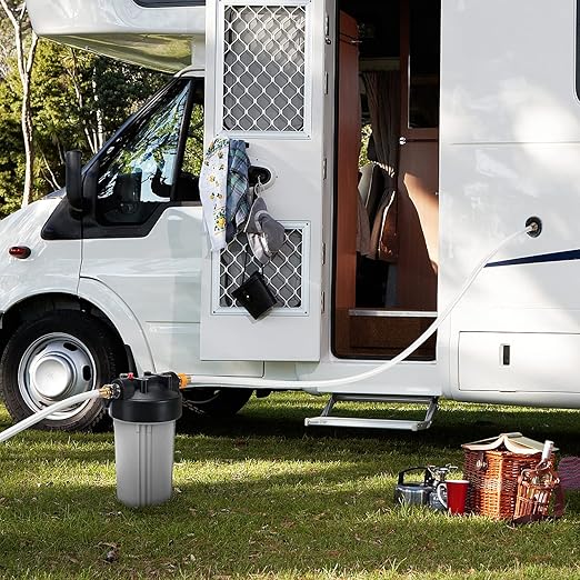 RV Water Filter System, Clog-Resistant Inline Water Filter with Brass Threads, 5-Stage Filtration in One NSF-Certified 4.5x10 Inches ACF Cartridge, Max 90 PSI Pressure Resistance