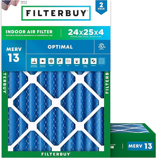 Filterbuy 24x25x4 Air Filter MERV 13 (MPR 1900) Health Defense Replacement (2-Pack), Electrostatic Pleated HVAC AC Furnace Filters, Made in USA (Actual Size: 23.75 x 24.75 x 3.63)