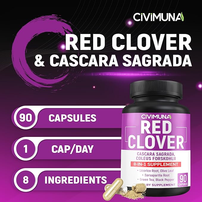 Red Clover Capsules with Red Clover, Cascara Sagrada Bark, Coleus Forskohlii - 90 Capsules for 3 Months Supply