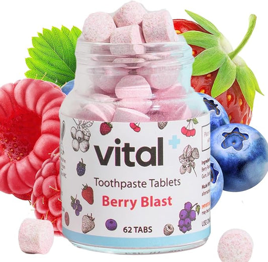 Vital Toothpaste Tabs with Nano-Hydroxyapatite | Berry Blast | Remineralizes Teeth | Kids Love It! | Fluoride Free | Plastic Free & Eco Friendly | Travel & TSA Approved | 62 Tablets (1 Month)