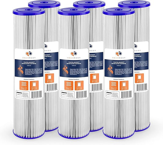Aquaboon 20 Inch Whole House Pleated Water Sediment Filter Replacement 5 Micron Water Filter Cartridge Compatible with ECP5-20BB, SPC-45-2005, 6-Pack