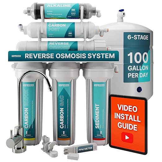 NU Aqua 6-Stage Alkaline Under Sink Reverse Osmosis Water Filter System - 100 GPD RO Filtration & Remineralization - Faucet & Tank - PPM Meter - 100GPD Undersink - Home Kitchen Drinking Water Purifier