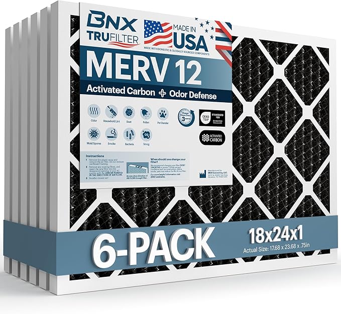 BNX TruFilter 18x24x1 MERV 12 Odor Defense (6-Pack) AC Furnace Air Filter with Activated Carbon - MADE IN USA - Pleated Air Conditioner HVAC AC Furnace Filters - Removes Odor, Mold, Bacteria, Smoke