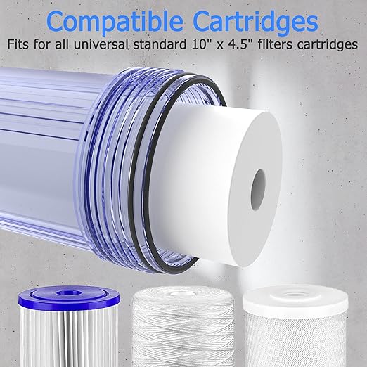 WHT10 Whole House Water Filter Housing, Fit 10"x4.5" Sediment etc Filters for Well and City Water, Big Filter Blue Pre-Filtration System for Home, 1" NPT Port, Pressure Release (Clear Housing)
