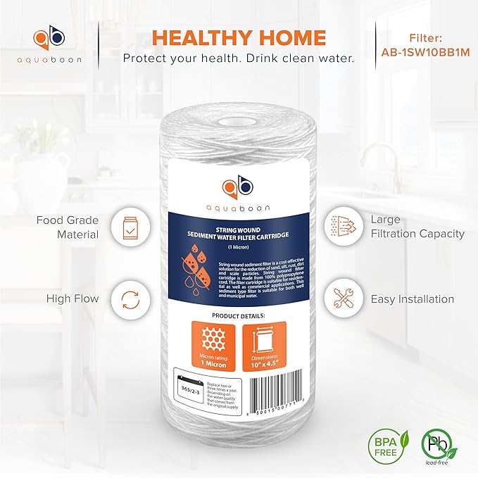 Aquaboon 1 Micron String Wound Water Filter 10x4.5 Replacement - Whole House Water Filter Cartridge Compatible with WP5BB97P,WP10BB97P, AP810, 4-Pack