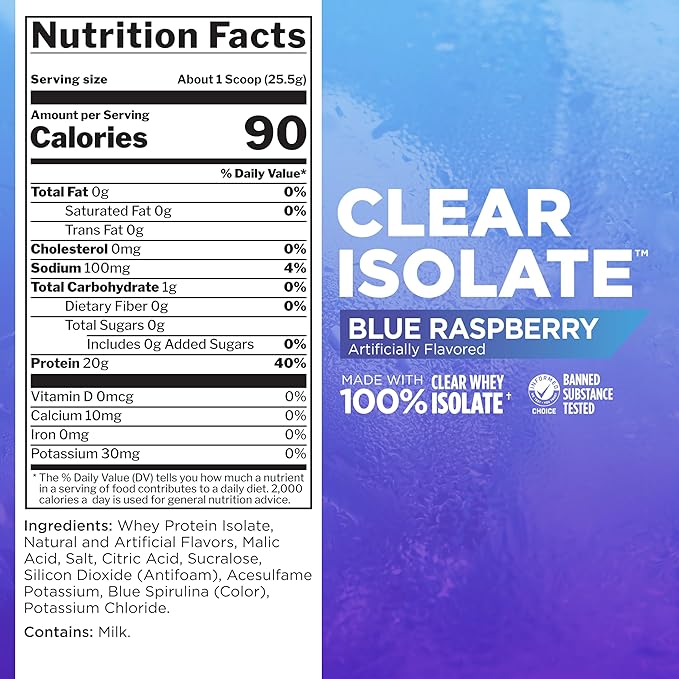 Rule 1 Clear Whey Isolate - 20g All-whey Isolate Protein, Over 9g EAAs, 300mg of Electrolyte Minerals, 90 Calories, Light, Crisp, and Refreshing Taste (27 Servings, Blue Raspberry)