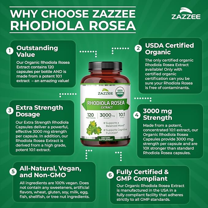 Zazzee USDA Organic Rhodiola 10:1 Exract, 3000 mg Strength, 120 Capsules, 4 Month Supply, Standardized and Concentrated 10X Extract, 100% Vegetarian, Extra Strength, All-Natural and Non-GMO