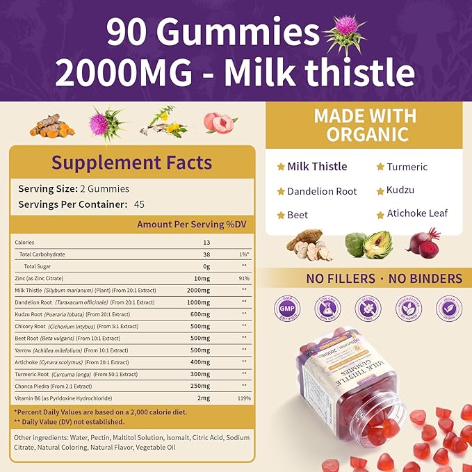 Milk Thistle Gummies with 2000MG Extract, Liver Health Support Gummies, Silymarin Milk Thistle Supplement with Artichoke, Dandelion, Turmeric Curcumin, No Sugar, for Adults, Vegan, 180 Count
