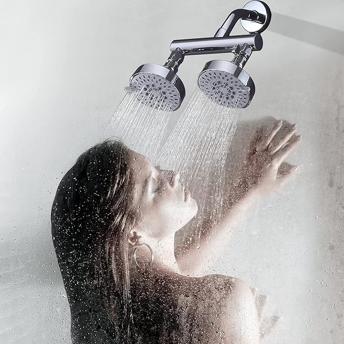 AZOS Double Shower Head with Shut-Off Valve, Bathathroom High Pressure Dual Fixed Rain Shower Head Combo with Brass Dual Outlet Manifold, Adjustable 5 Function Showerhead Chrome