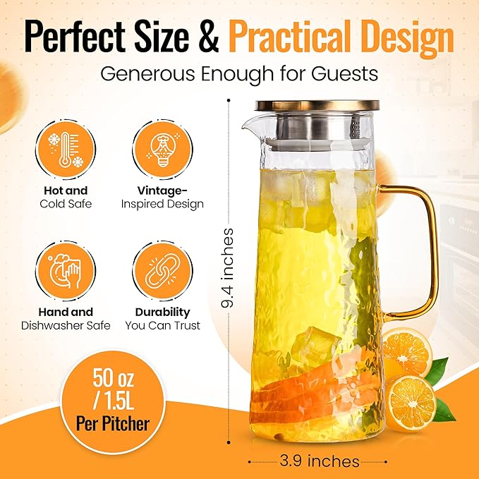 Glass Water Pitcher with Stainless Steel Lid, 2 Pack, 50 oz 1.5L - Borosilicate Glass Jug, Heat Resistant Carafe with Filter, Golden Vintage Design